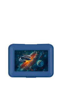 Lunchbox blu con un design rettangolare e liscio, caratterizzato da un'illustrazione vivace a tema spaziale, che include un'astronave, pianeti e una colorata nebula.