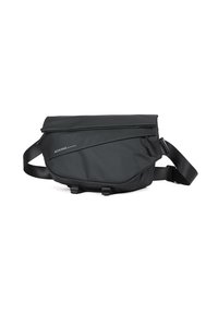 Borsa a tracolla nera realizzata in materiale resistente, con design curvo, tracolla regolabile, tasca frontale con zip e dettagli con logo.