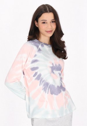 Langærmet tie-dye skjorte i pastelfarverne pink, lavendel og blå. Har rund halsudskæring og afslappet pasform med blød, glat tekstur.