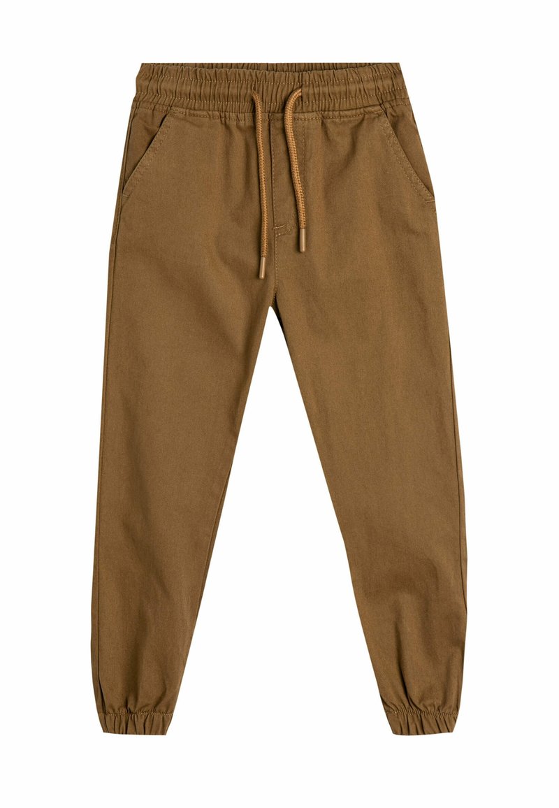 Brune joggerbukser lavet af blødt stof, med elastisk talje og snor, sidelommer og tapered ankler.