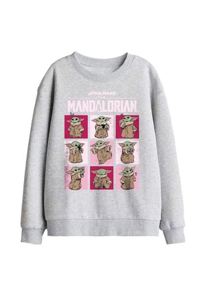 Light gray sweatshirt featuring nine colorful squares with Baby Yoda in different poses and "Star Wars The Mandalorian" text above.