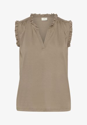 Beżowy top bez rękawów z falbankami na ramionach, dekoltem w serek, wykonany z miękkiego materiału, o luźnym fasonie z prostym dołem.