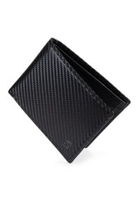 Black carbon fiber wallet with a textured finish, bi-fold design, and visible stitching accents. Features multiple card slots inside.