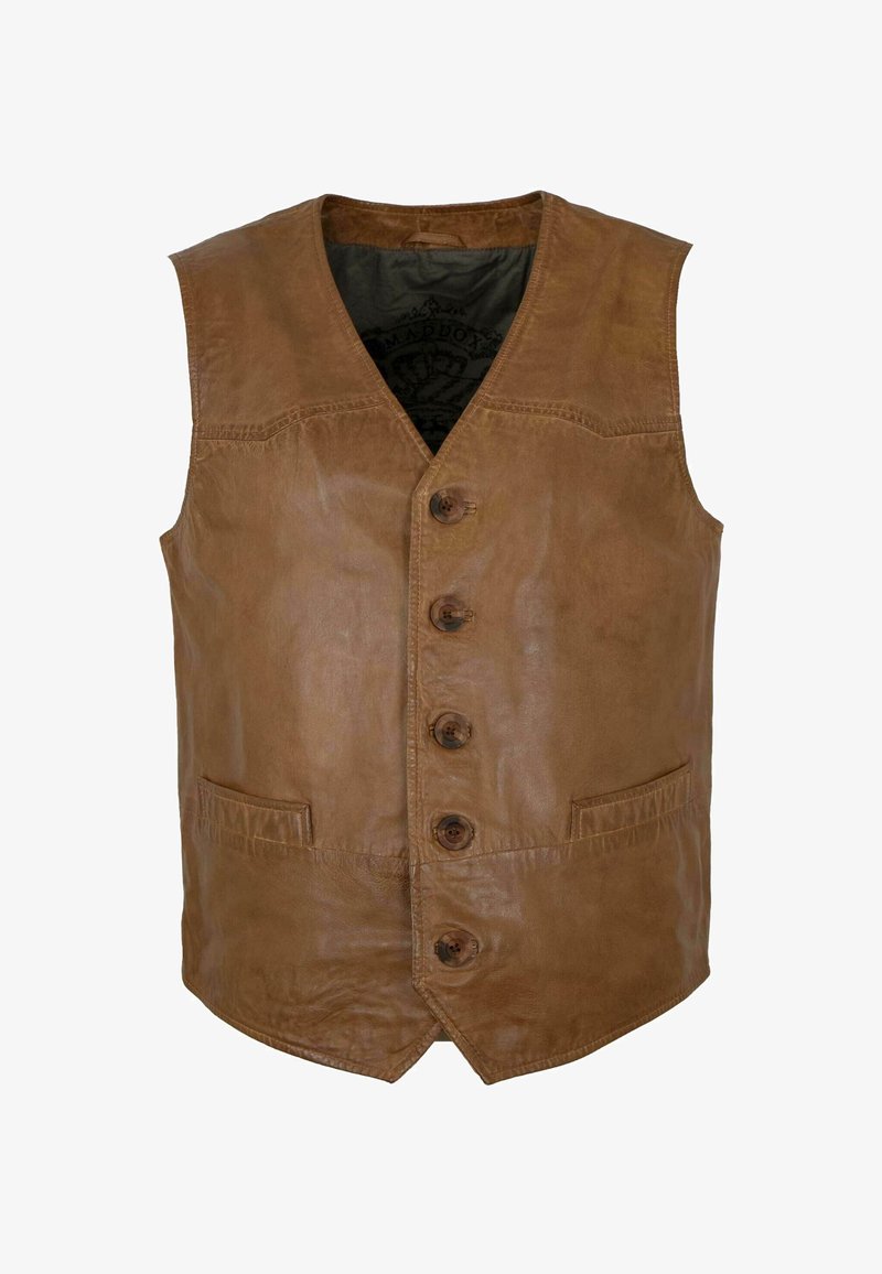 Braune Lederweste mit V-Ausschnitt, fünf Knöpfen auf der Vorderseite, zwei vorderen Taschen und einer glatten Textur. Mit dezenten Steppdetails.