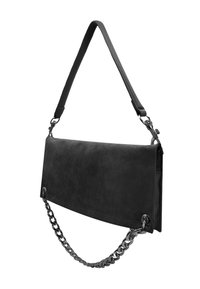 Borsa rettangolare in suede nero con tracolla in pelle removibile e dettaglio in catena metallica. Texture liscia e design minimalista.