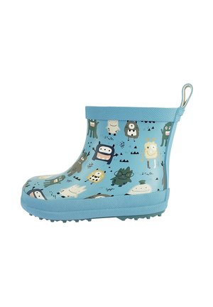 Blauer Kinderregenstiefel mit rutschfester Sohle und verspielten Monster- und Kreaturenillustrationen in verschiedenen Farben.