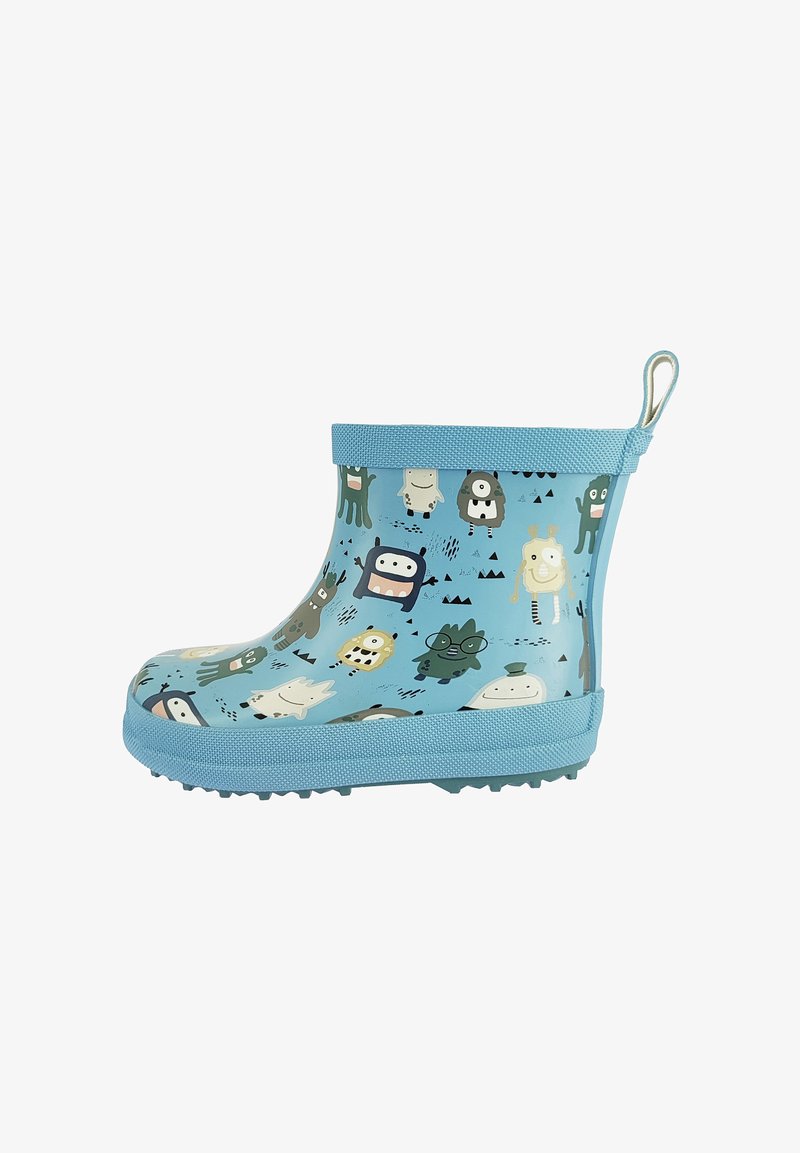 Blauwe kinderregenlaars met een antislipzool en speelse illustraties van monsters en wezens in verschillende kleuren.