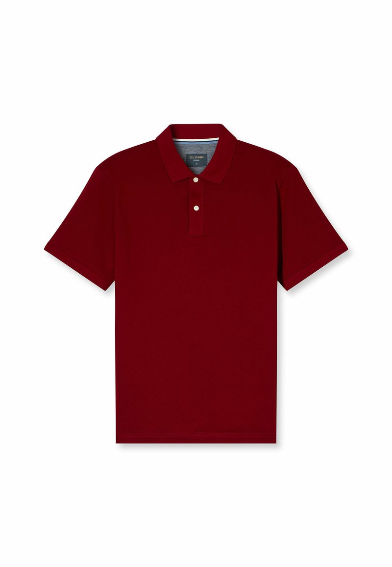 Bordeaux polo shirt van katoen, met een klassieke kraag, een sluiting met drie knopen en korte mouwen. Effen kleur, gladde textuur.