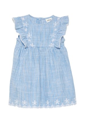 Blau-weiß gestreiftes Kleid mit Rüschensämlen, gerafftem Taillenteil und floralen Stickereien am Saum. Hergestellt aus einem leichten Stoff.
