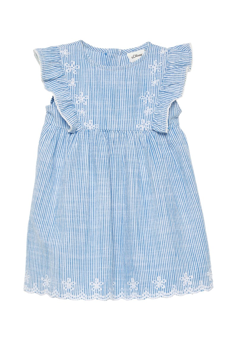 Blau-weiß gestreiftes Kleid mit Rüschensämlen, gerafftem Taillenteil und floralen Stickereien am Saum. Hergestellt aus einem leichten Stoff.