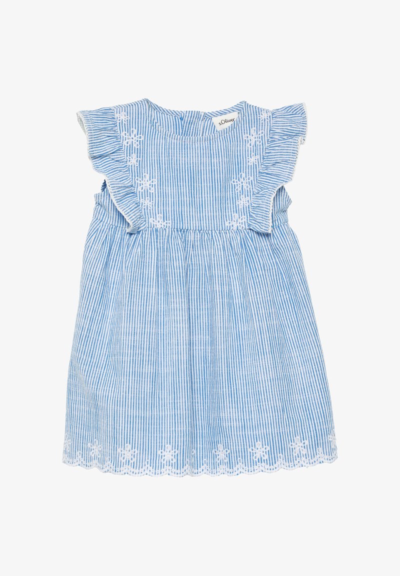 Blue and white striped dress with ruffled sleeves, gathered waist, and floral embroidery at hem. Made from a lightweight fabric.