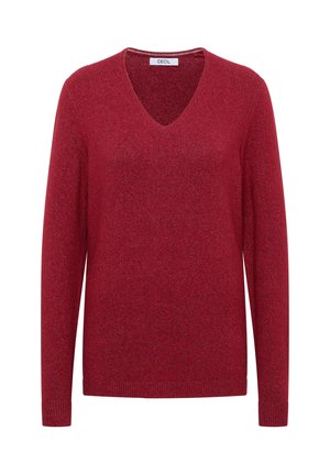 Czerwona dzianinowa sweter z dekoltem w serek, długimi rękawami oraz prążkowanymi mankietami i dołem. Gładka tekstura z delikatnym efektem połysku.