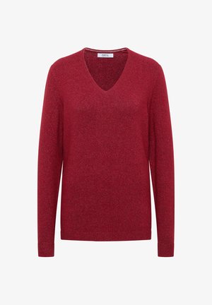 Czerwona dzianinowa sweter z dekoltem w serek, długimi rękawami oraz prążkowanymi mankietami i dołem. Gładka tekstura z delikatnym efektem połysku.