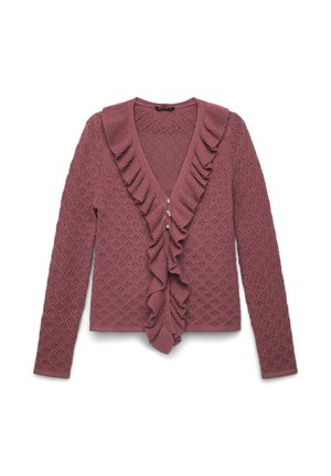 Cardigan lavorato a maglia malva con motivo a diamante, maniche lunghe, rifinitura frontale con volant e tre piccoli bottoni al centro.