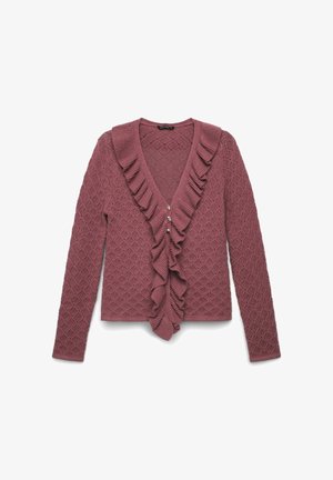Cardigan lavorato a maglia malva con motivo a diamante, maniche lunghe, rifinitura frontale con volant e tre piccoli bottoni al centro.