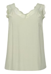 Light green sleeveless top made of soft fabric, featuring lace trim on the shoulder and a subtle vertical ribbed texture.
