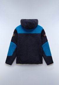 Fleece jacket featuring a navy body with bright blue shoulder panels and hood. Includes a logo patch on the left sleeve. Textured finish.