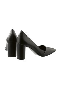 Black leather high-heeled pumps with a pointed toe and a chunky, cylindrical heel. Smooth texture and minimal design with cut-out sides.