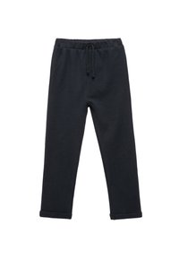 Sorte svedbukser lavet af tekstureret stof, med en elastisk talje med snor, sidelommer og tapered ben.