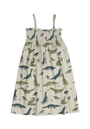 Lightweight, sleeveless dress featuring a smocked bodice, cream background, and green and blue crocodile illustrations throughout.
