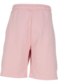 Shorts rose clair dotés d'une taille élastique, d'un tissu doux, d'une coupe décontractée et droite, conçus pour le confort et le port décontracté.