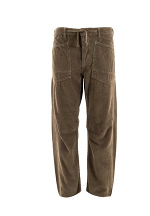 Pantalones de pana marrón con corte recto, que cuentan con dos bolsillos frontales, una cintura con cordón y una textura acanalada.