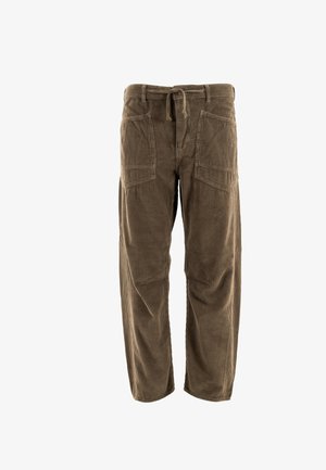 Bruine corduroybroek met een rechte snit, voorzien van twee voorzakken, een trekkoord in de taille en een ribbelstructuur.