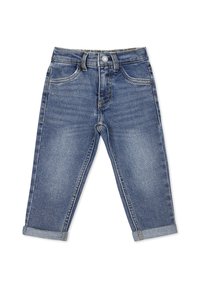 Jeans in denim blu con una vestibilità dritta, dotati di chiusura a bottoni, cinque tasche e orli risvoltati. Leggera sbiaditura e dettagli di cucitura sottili.