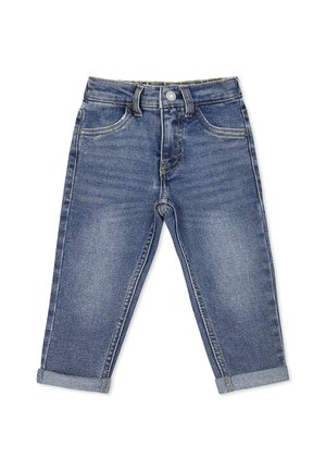 Jeans in denim blu con una vestibilità dritta, dotati di chiusura a bottoni, cinque tasche e orli risvoltati. Leggera sbiaditura e dettagli di cucitura sottili.