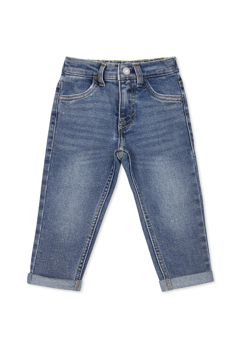 Jeans in denim blu con una vestibilità dritta, dotati di chiusura a bottoni, cinque tasche e orli risvoltati. Leggera sbiaditura e dettagli di cucitura sottili.
