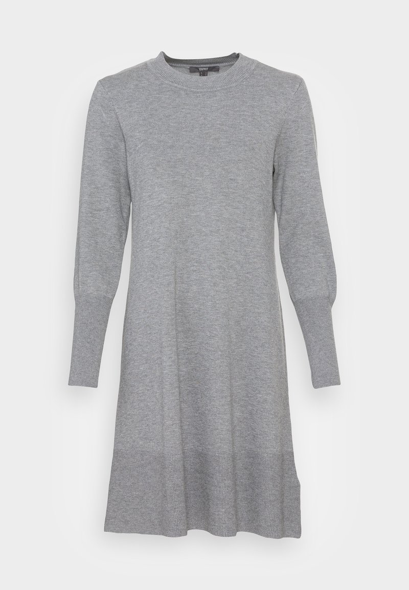 Robe en maille gris clair à manches longues avec poignets et ourlet côtelés dans une silhouette simple et droite.