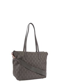 Siva torba za nakupovanje s cvetličnim vzorcem, ki ima dve naramnici in odstranljivo čez telo strap. Zadrga in roza zlato okovje.