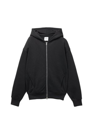 Schwarze Zip-Hoodie aus einer weichen Baumwollmischung, mit Kapuze, gerippten Bündchen und großen Seitentaschen in lockerer Passform.