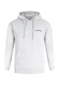 Hellgrau Hoodie aus weichem Material, mit einer Fronttasche, einer Kordelzugkapuze und einem schwarzen Logo, das über der Tasche gedruckt ist.