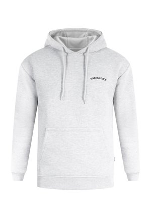 Hellgrau Hoodie aus weichem Material, mit einer Fronttasche, einer Kordelzugkapuze und einem schwarzen Logo, das über der Tasche gedruckt ist.