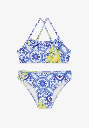 Two-piece swimsuit with blue and white patterned tiles, featuring yellow lemons and green leaves on the fabric.