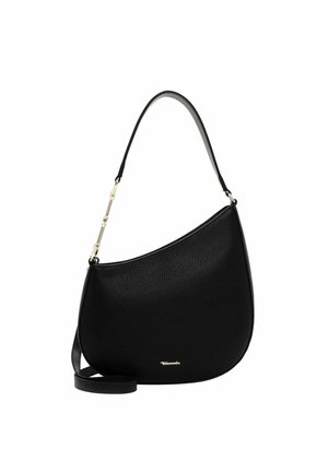 Black leather handbag with a curved silhouette, featuring a single adjustable strap and gold hardware accents for secure closure.