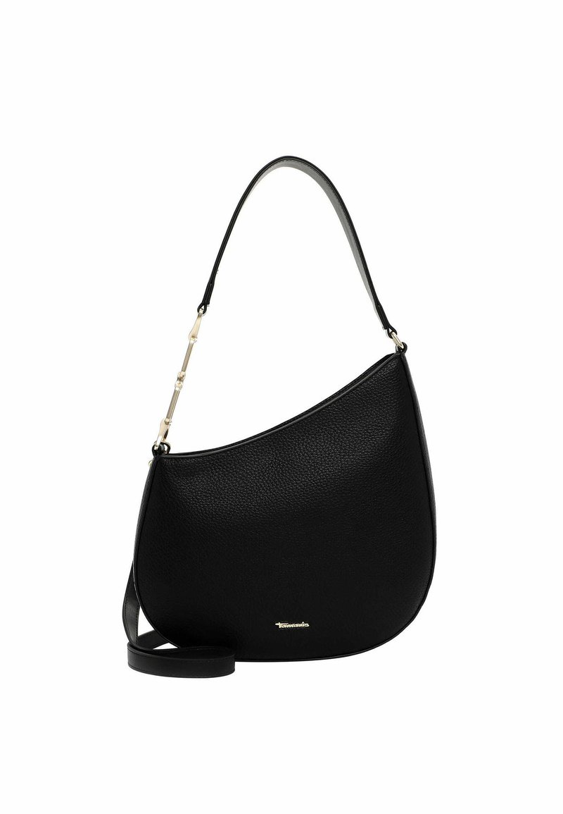 Borsa in pelle nera con una silhouette curva, dotata di un'unica tracolla regolabile e dettagli in hardware dorato per una chiusura sicura.