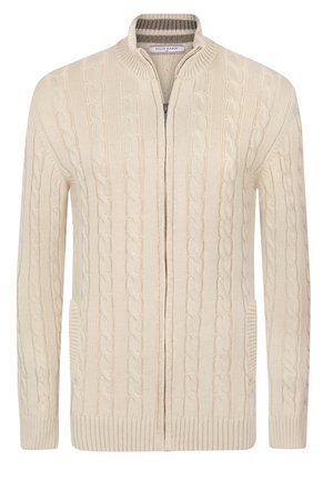 Cardigan beige en maille torsadée zippée avec col, poignets et ourlet côtelés, comportant des poches latérales et un motif en maille texturée.