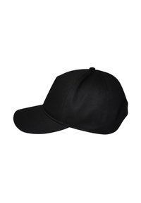 Cappellino da baseball nero con visiera curva, realizzato in tessuto liscio, composto da sei pannelli e un bottone in cima. Design classico, senza loghi visibili.