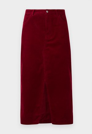 Gonna in velluto a coste bordeaux con vestibilità dritta, spacco frontale, passanti per cintura e due tasche, caratterizzata da una chiusura con bottone frontale.