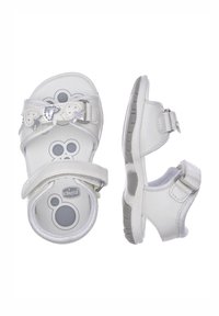 Sandali bianchi per bambini con cinturini regolabili, materiale morbido, decorazioni a forma di fiocco e suole in gomma texturizzata. Design con punta rotonda.