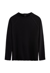 Maglietta nera a maniche lunghe realizzata in tessuto morbido. Presenta un collo a giro, maniche raglan e una vestibilità regolare. Nessun motivo o accento visibile.