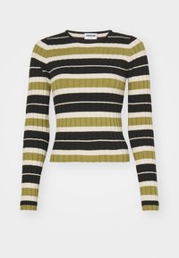 Geribbelde langemouwen top met horizontale strepen in zwart, olijfgroen en crèmekleur. Strakke pasvorm met een ronde hals en een korte zoom.