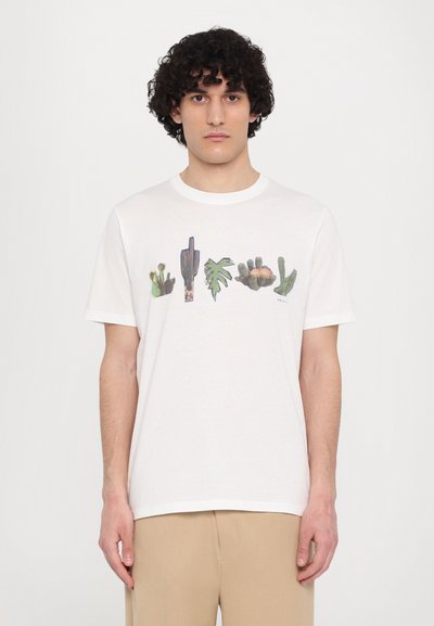 Witte katoenen t-shirt met een kleurrijke cactussen- en bladerenafbeelding in het midden. Ronde hals en korte mouwen. Casual pasvorm.