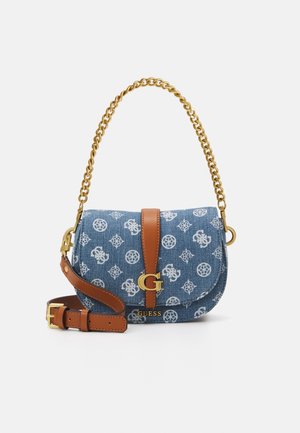 Blaue Schultertasche mit Muster, goldener Kettenhenkel, braunem Lederriemen und goldener "G"-Logo-Verschluss.
