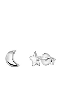 Boucles d'oreilles en argent ornées d'un design de croissant de lune et d'étoile. Surface lisse et polie avec une forme simple et contemporaine.