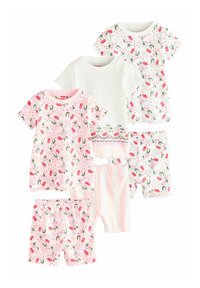 Set mit Kinderpyjamas, bestehend aus kurzärmeligen Oberteilen und passenden Shorts. Die Farben umfassen Pink, Weiß und Muster mit Kirschen und Blumen.