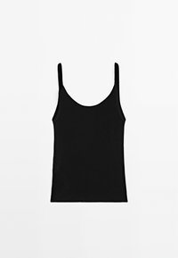 Schwarzes, geripptes Tanktop mit dünnen Trägern, runder Halslinie und figurbetontem Schnitt. Glatte Textur und minimales Design.