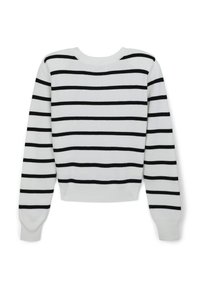 Maglione bianco con strisce orizzontali nere, caratterizzato da maniche lunghe, scollatura rotonda e un design cropped. Tessuto a maglia su tutta la superficie.